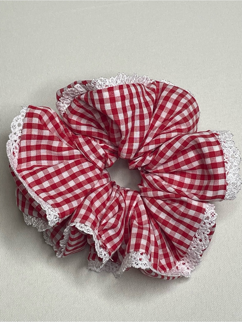 Red Gingham Lace Kids Scrunchie
